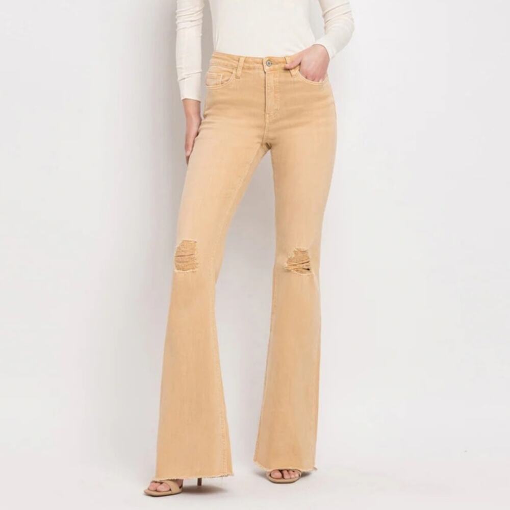 Vervet NWT Bella High Rise Flare Dew Drop Tan Distressed Stretch Denim Jeans